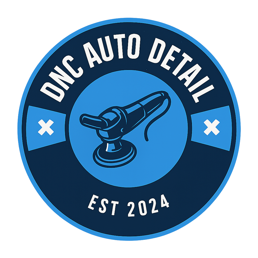 Circular logo for "DNC Auto Detail" featuring an illustration of a car polisher in the center, with "EST 2024" at the bottom and blue accents on a dark background. - DNC Auto Detailing in Ramona, California