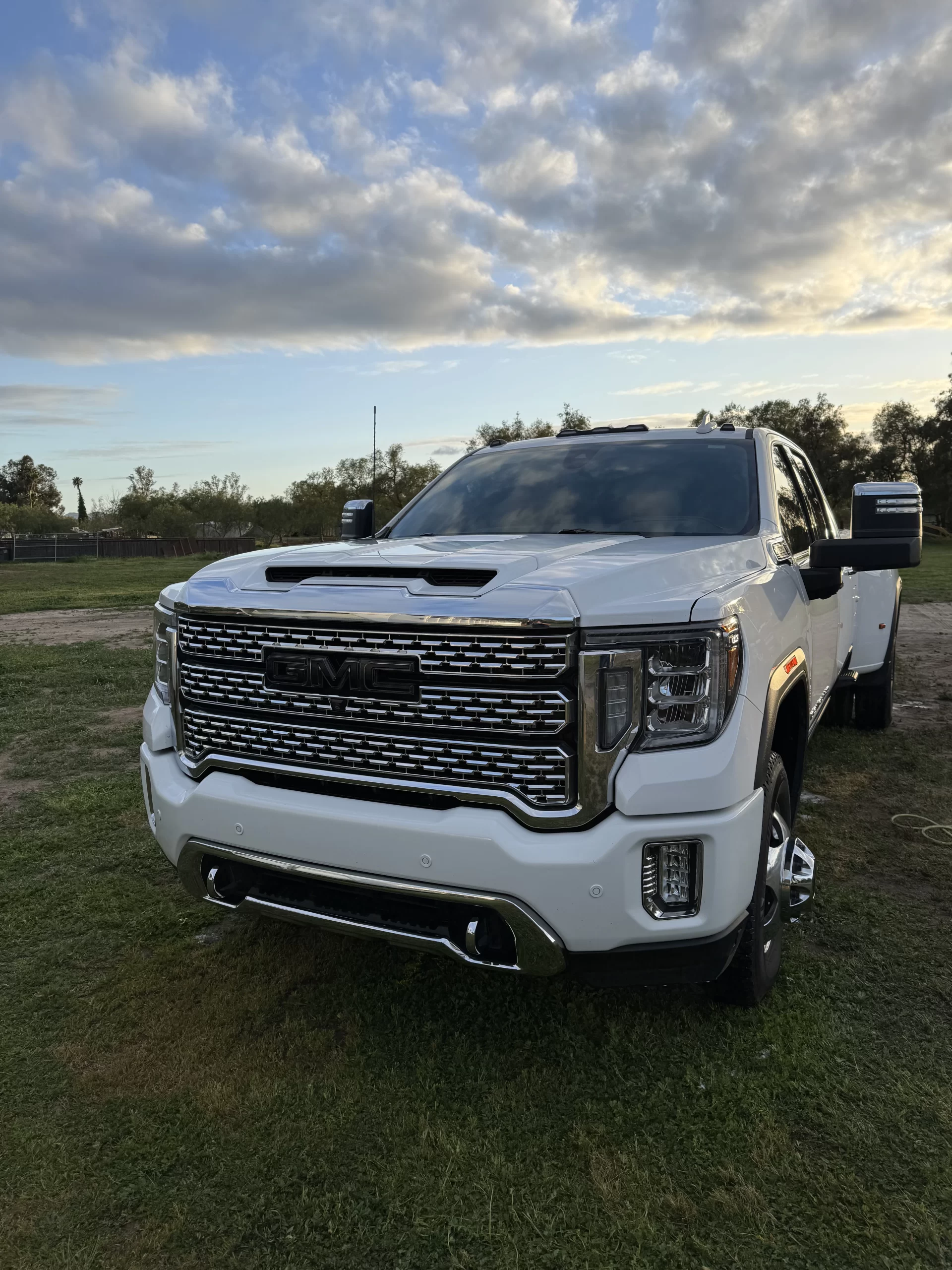 A white GMC pickup truck is parked on grass near a trailer, with trees and a partly cloudy sky in the background. - DNC Auto Detailing in Ramona, California